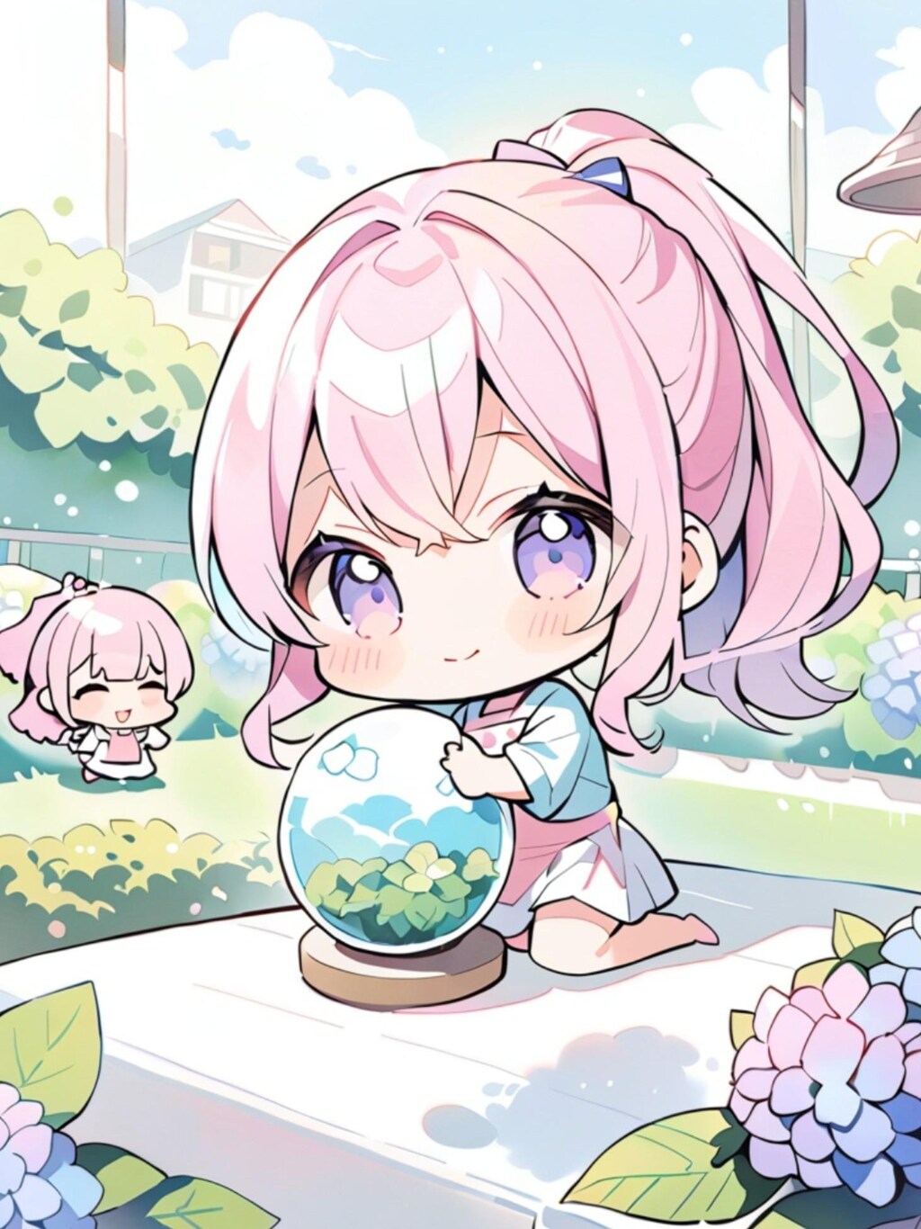 ガラスに紫陽花を入れてるピンク髪ちゃん