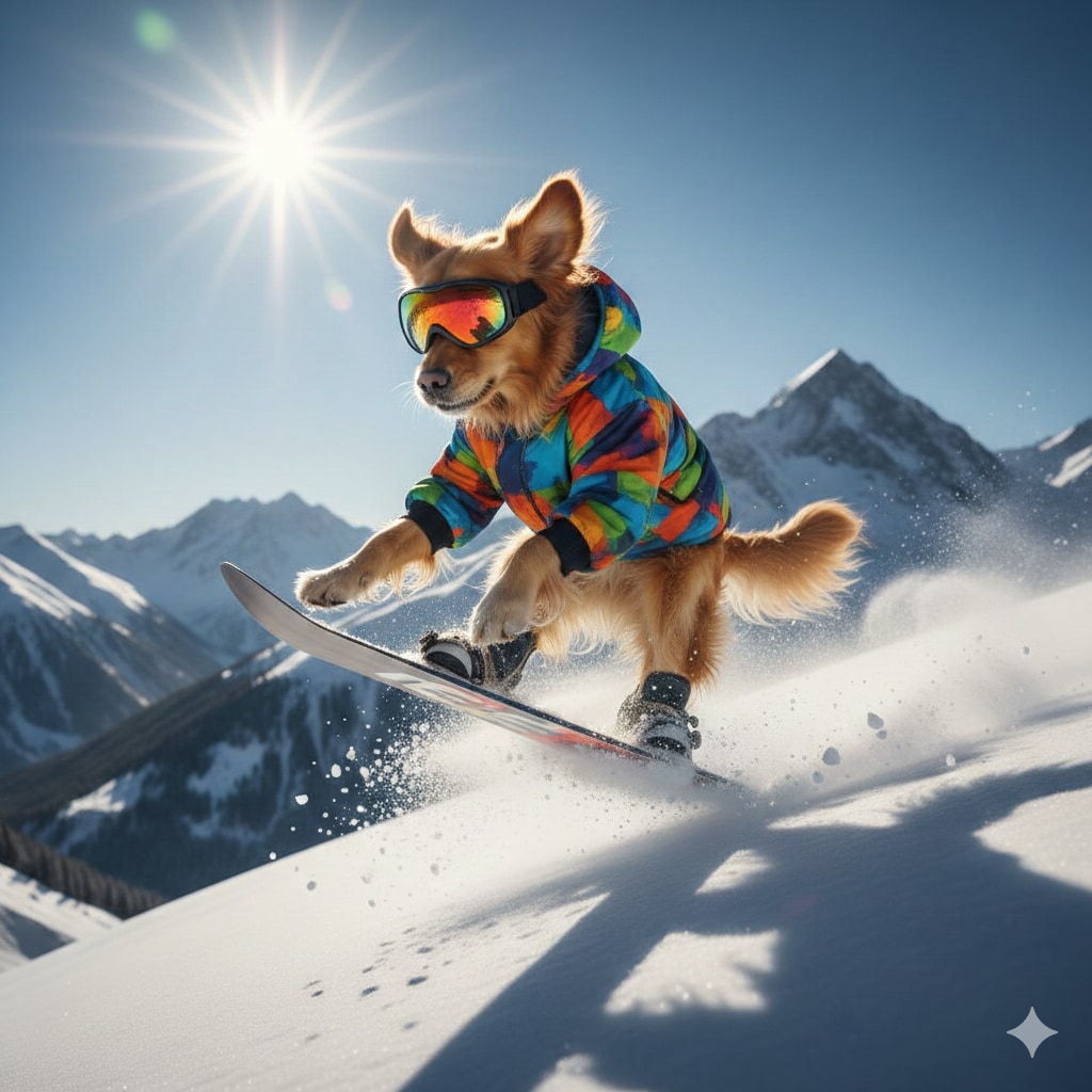 スノボーに乗りたい犬