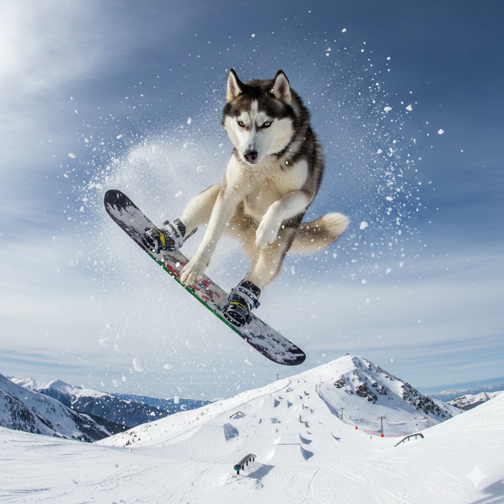 スノボーに乗りたい犬