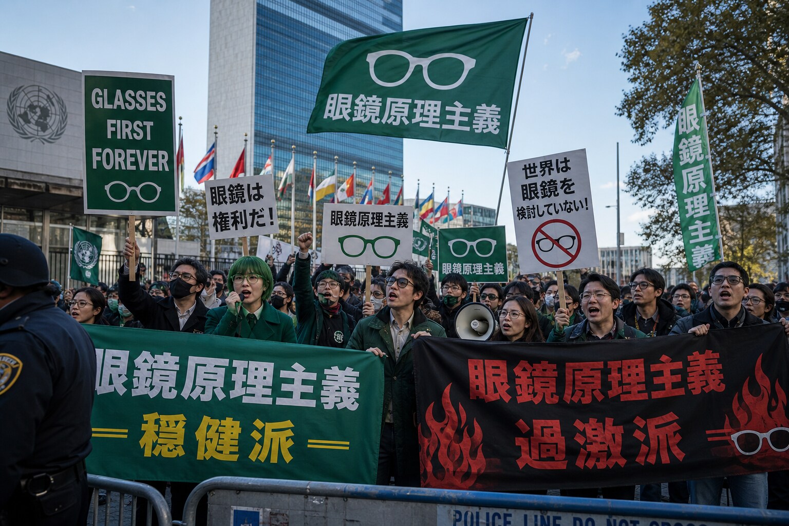 Breaking News: "Protests intensify outside UN venue due to visibility issues." | の人気AIイラスト・グラビア