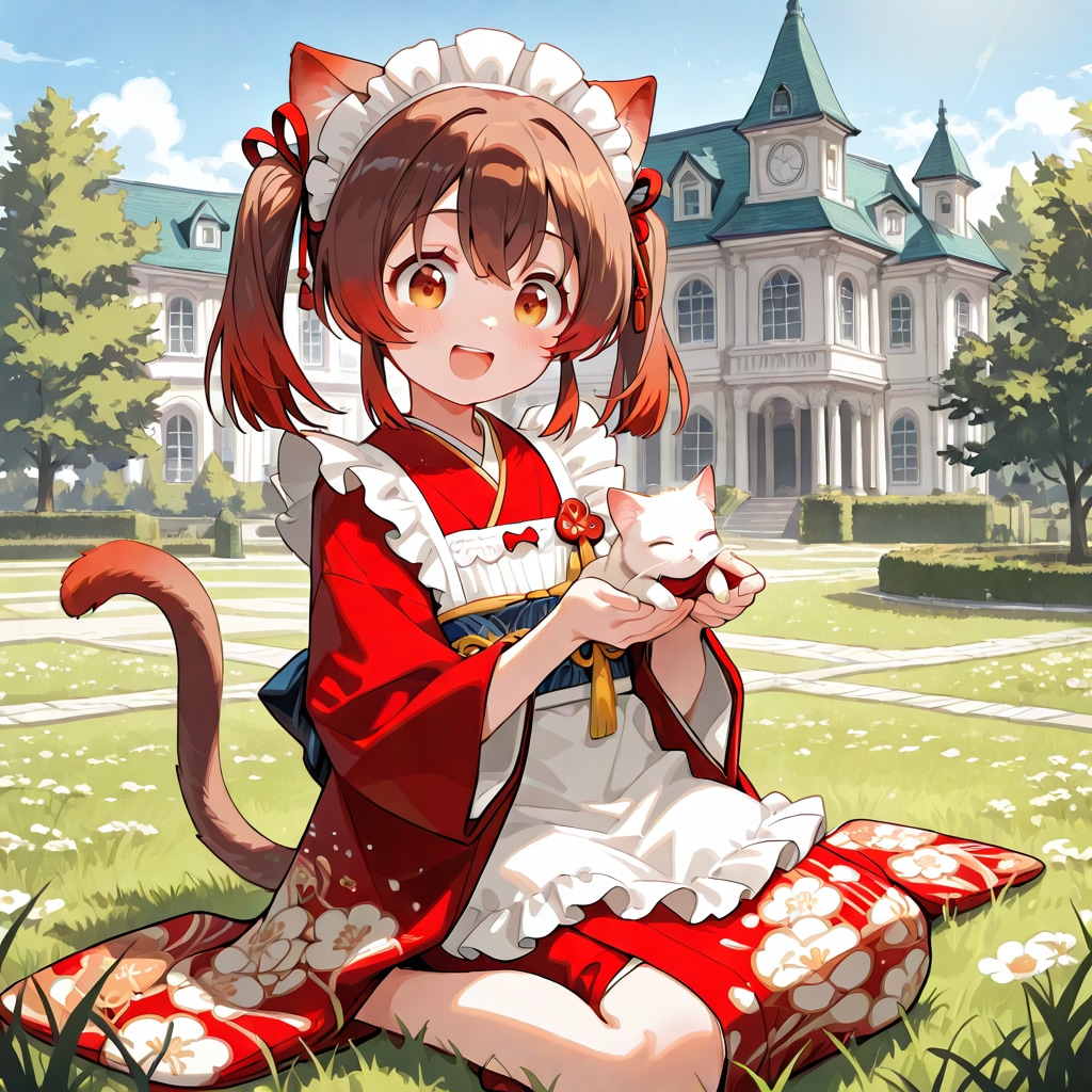 子猫と遊ぶ猫娘　ミミ | の人気AIイラスト・グラビア