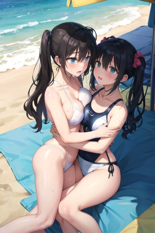 砂浜で女の子2人が、、