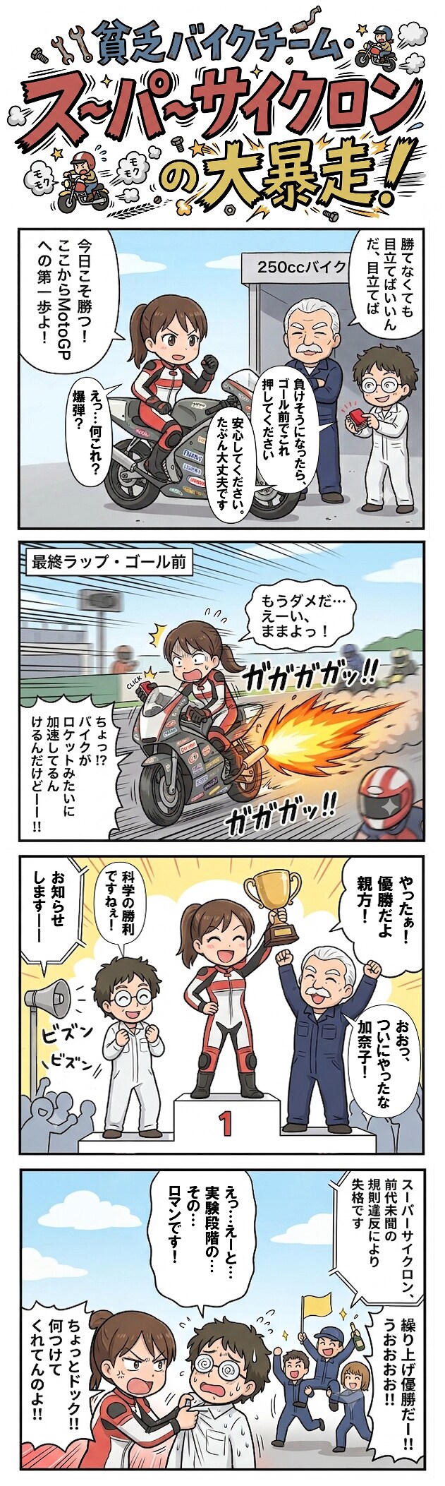 貧乏バイクチーム・スーパーサイクロンの大暴走！（四コマ漫画【たた８】３６）