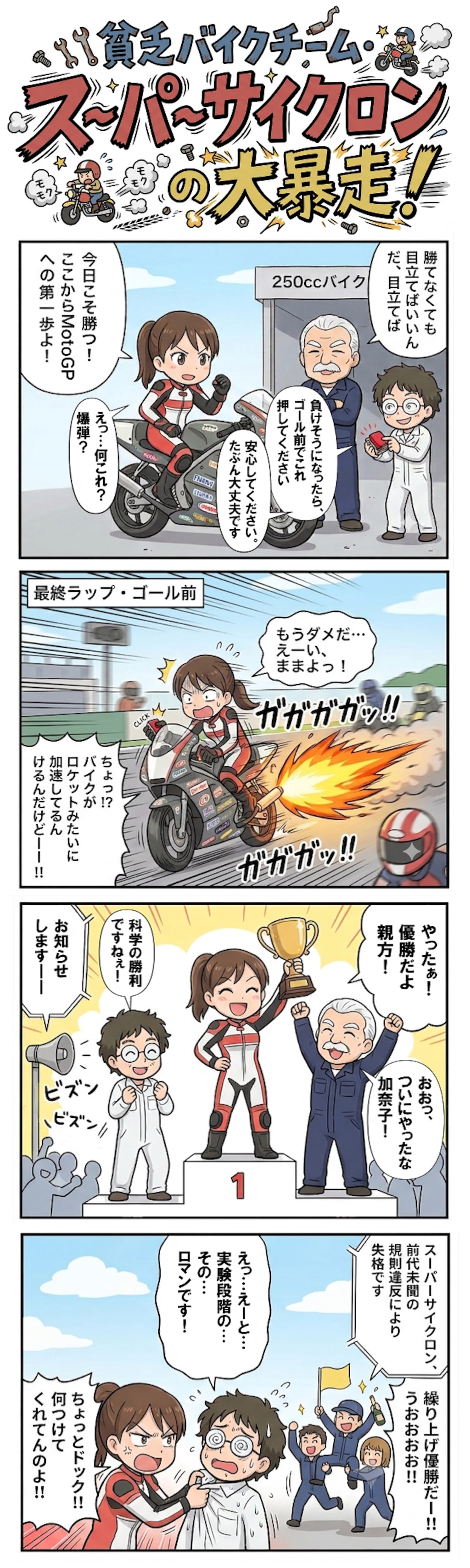 貧乏バイクチーム・スーパーサイクロンの大暴走！（四コマ漫画【たた８】３６）