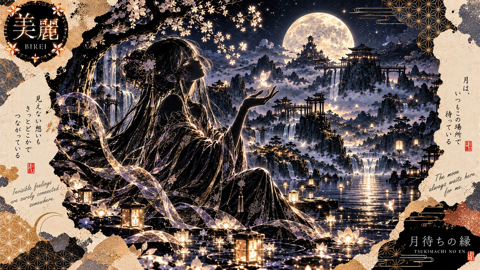 A glowing butterfly resting on an outstretched hand, a golden moon rising over a silhouetted world. | の人気AIイラスト・グラビア