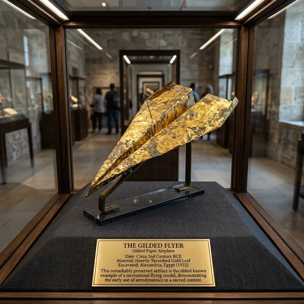 『博物館に展示された発掘品っぽい黄金の紙飛行機。』