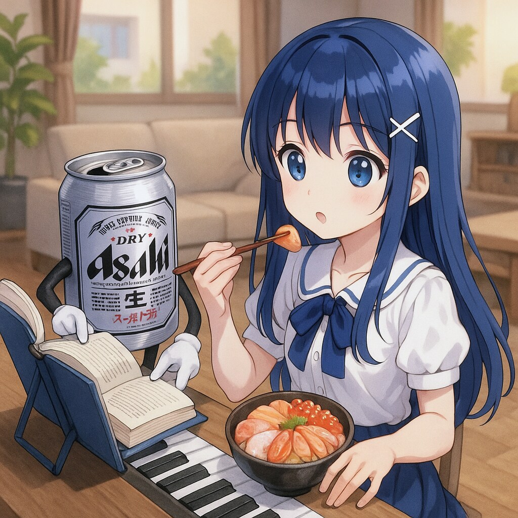 ピアノを弾きつつ読書しながら海鮮丼を食べるチサちゃん