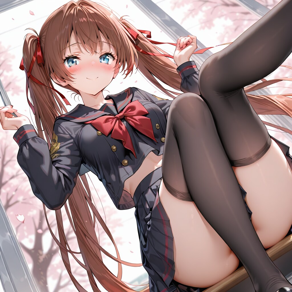 「恥ずかしい…///」茶髪ツインテJKの桜の下座りポーズ🌸🍒
