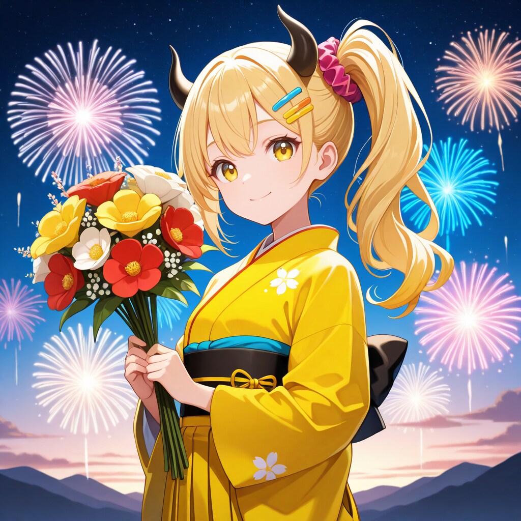 花火と花束と浴衣の女鬼高生さん