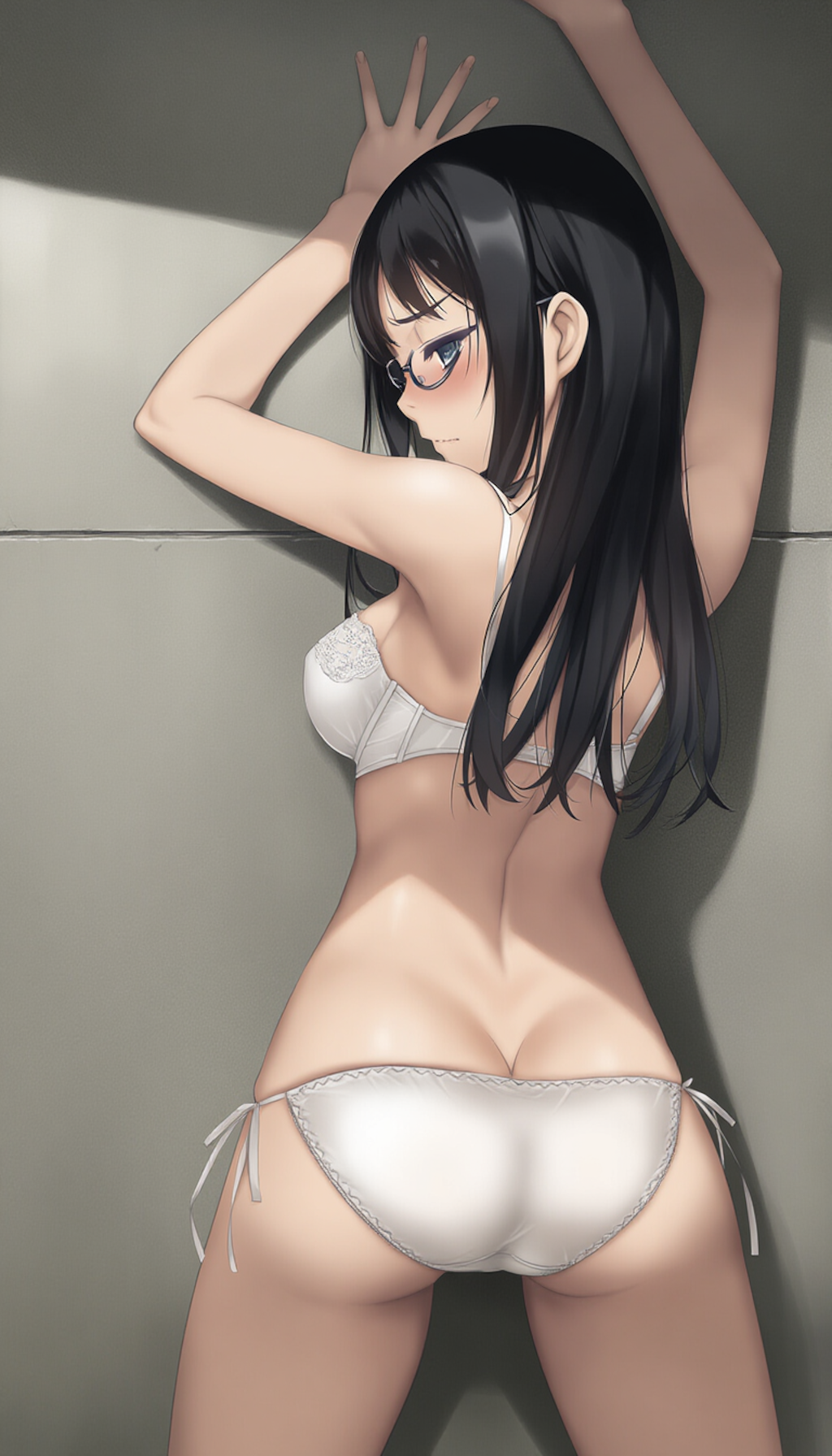 half-closed eyes, hands on wall, white lingerie, ass focus-01
