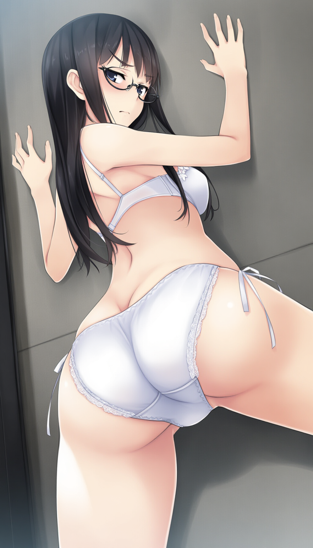 half-closed eyes, hands on wall, white lingerie, ass focus-01