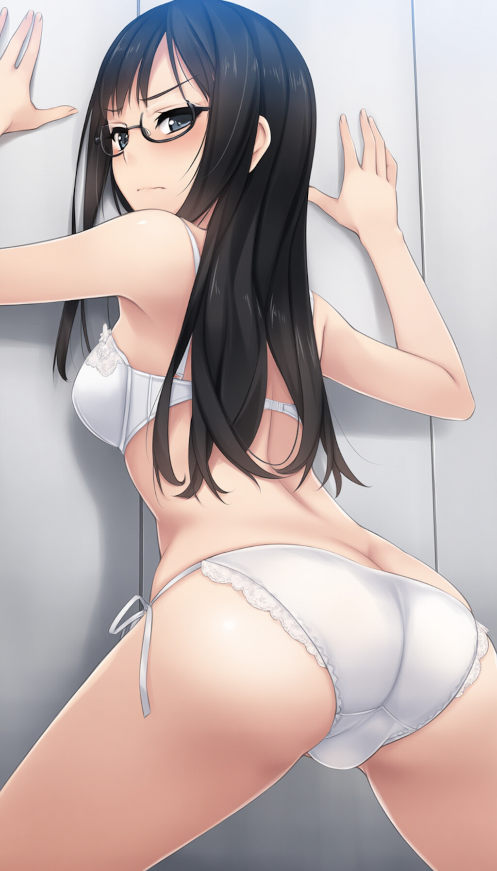 half-closed eyes, hands on wall, white lingerie, ass focus-01