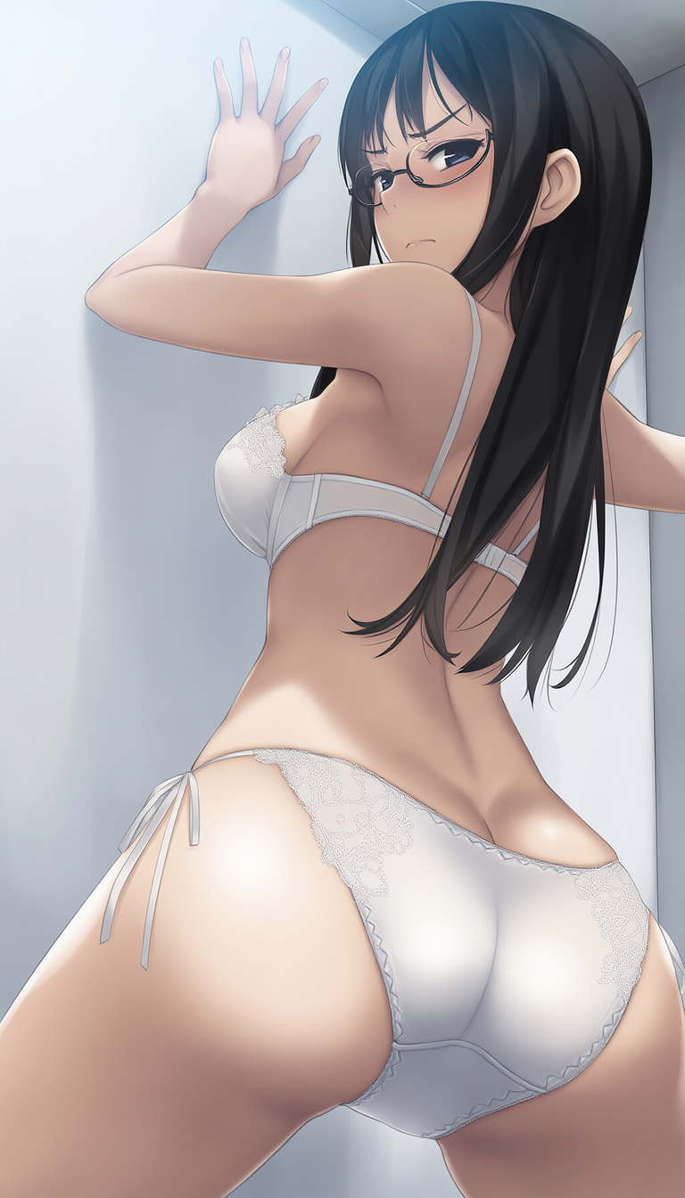 half-closed eyes, hands on wall, white lingerie, ass focus-01