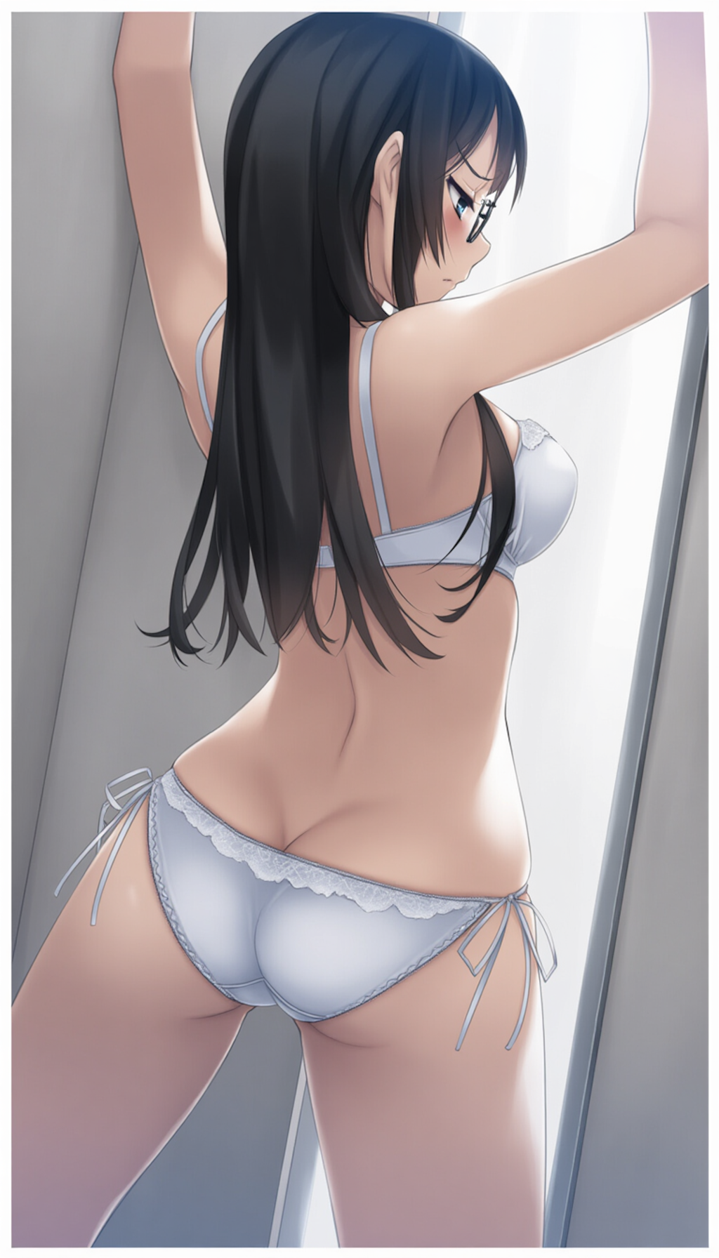 half-closed eyes, hands on wall, white lingerie, ass focus-01