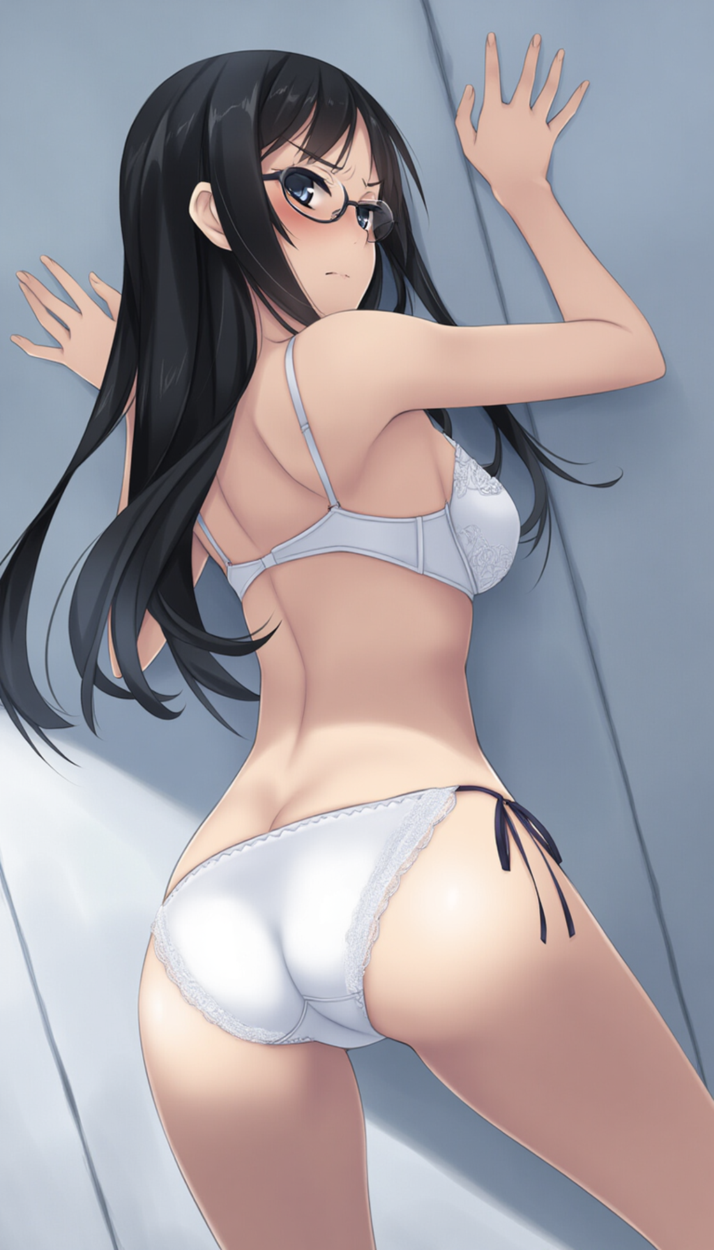 half-closed eyes, hands on wall, white lingerie, ass focus-01