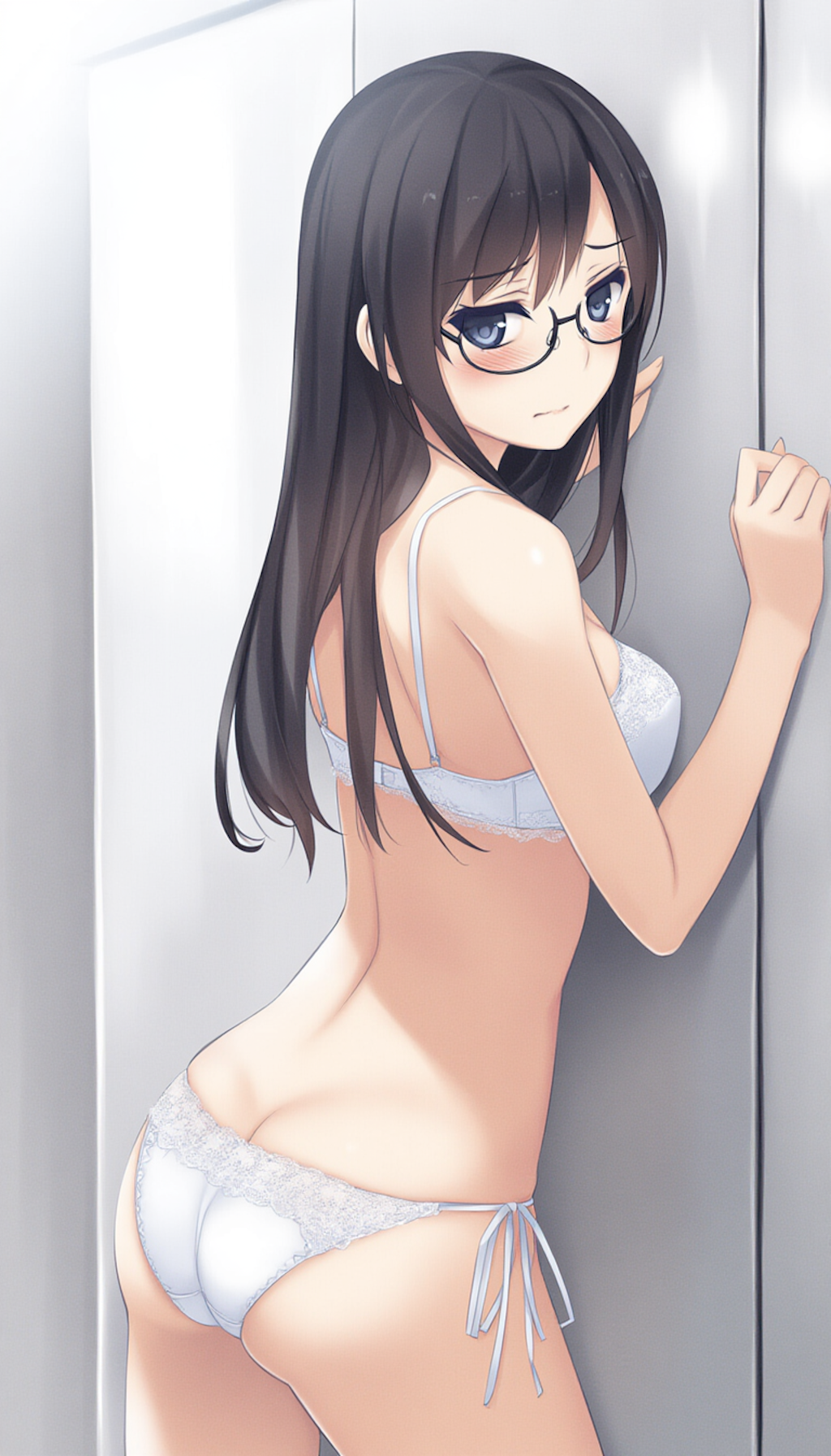 half-closed eyes, hands on wall, white lingerie, ass focus-01