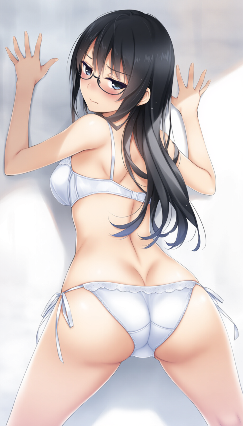 half-closed eyes, hands on wall, white lingerie, ass focus-01