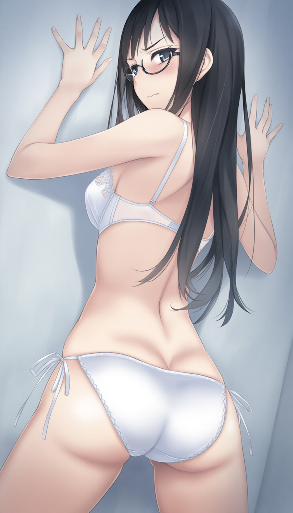 half-closed eyes, hands on wall, white lingerie, ass focus-01