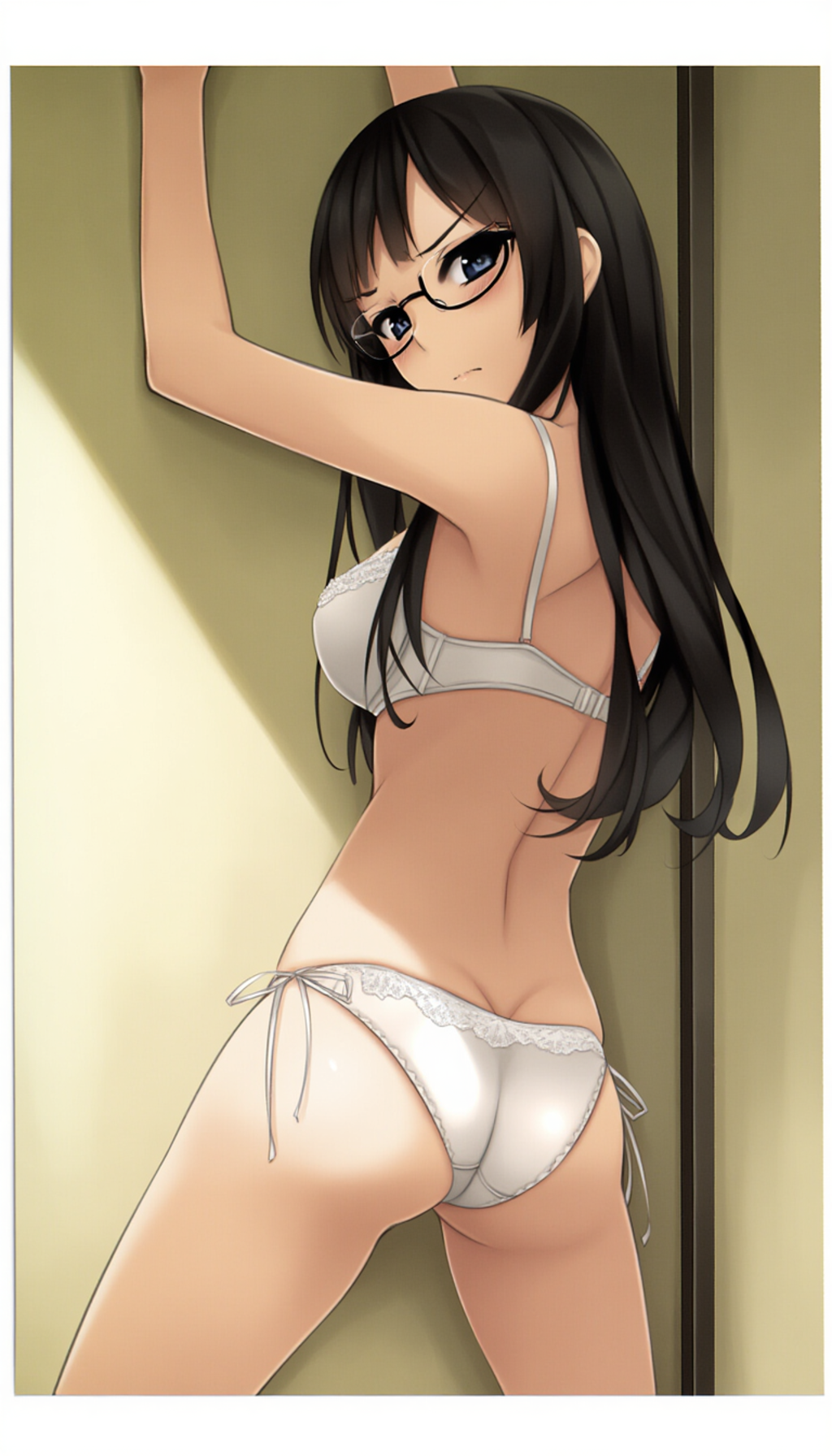 half-closed eyes, hands on wall, white lingerie, ass focus-01