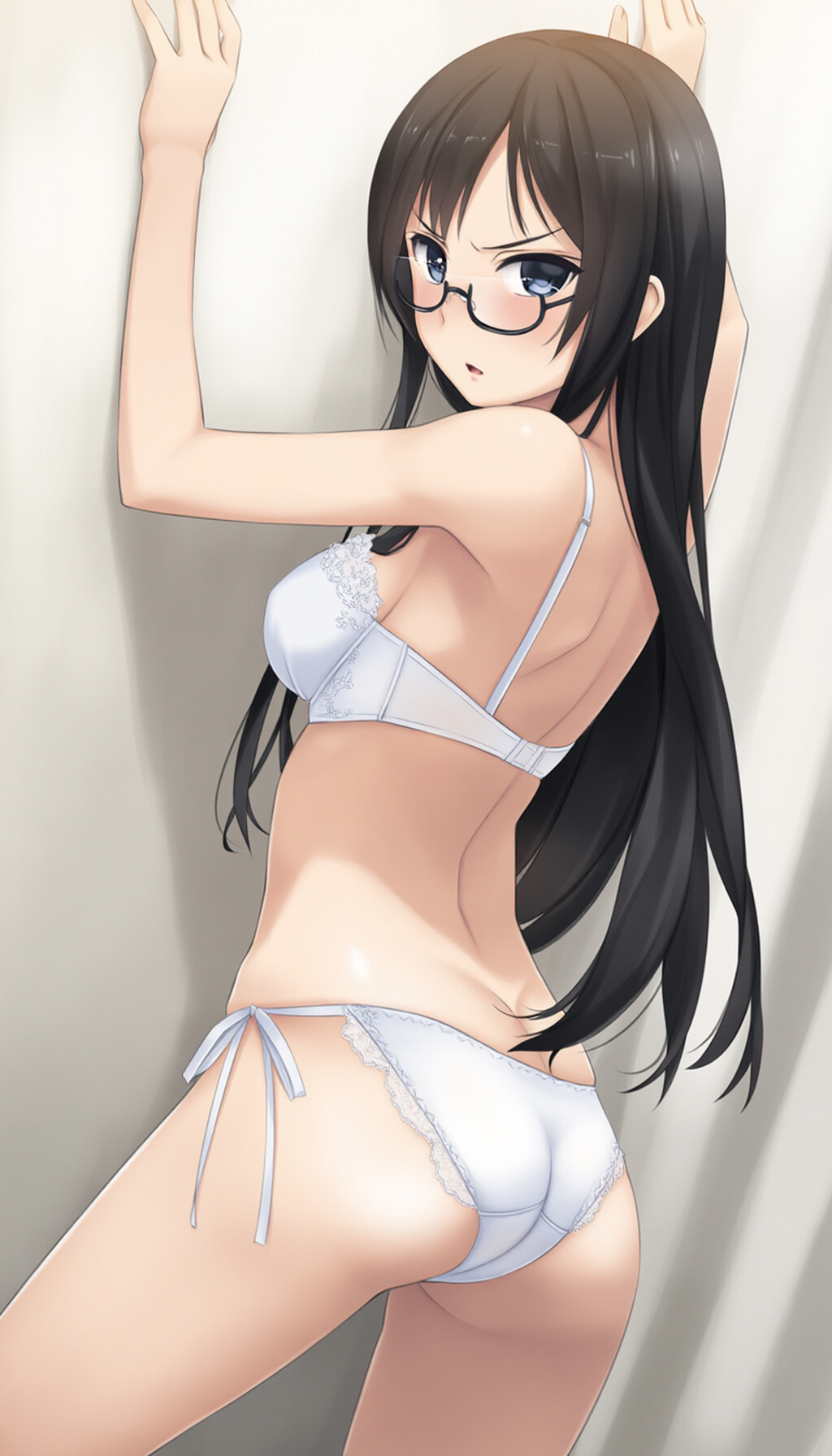 half-closed eyes, hands on wall, white lingerie, ass focus-01
