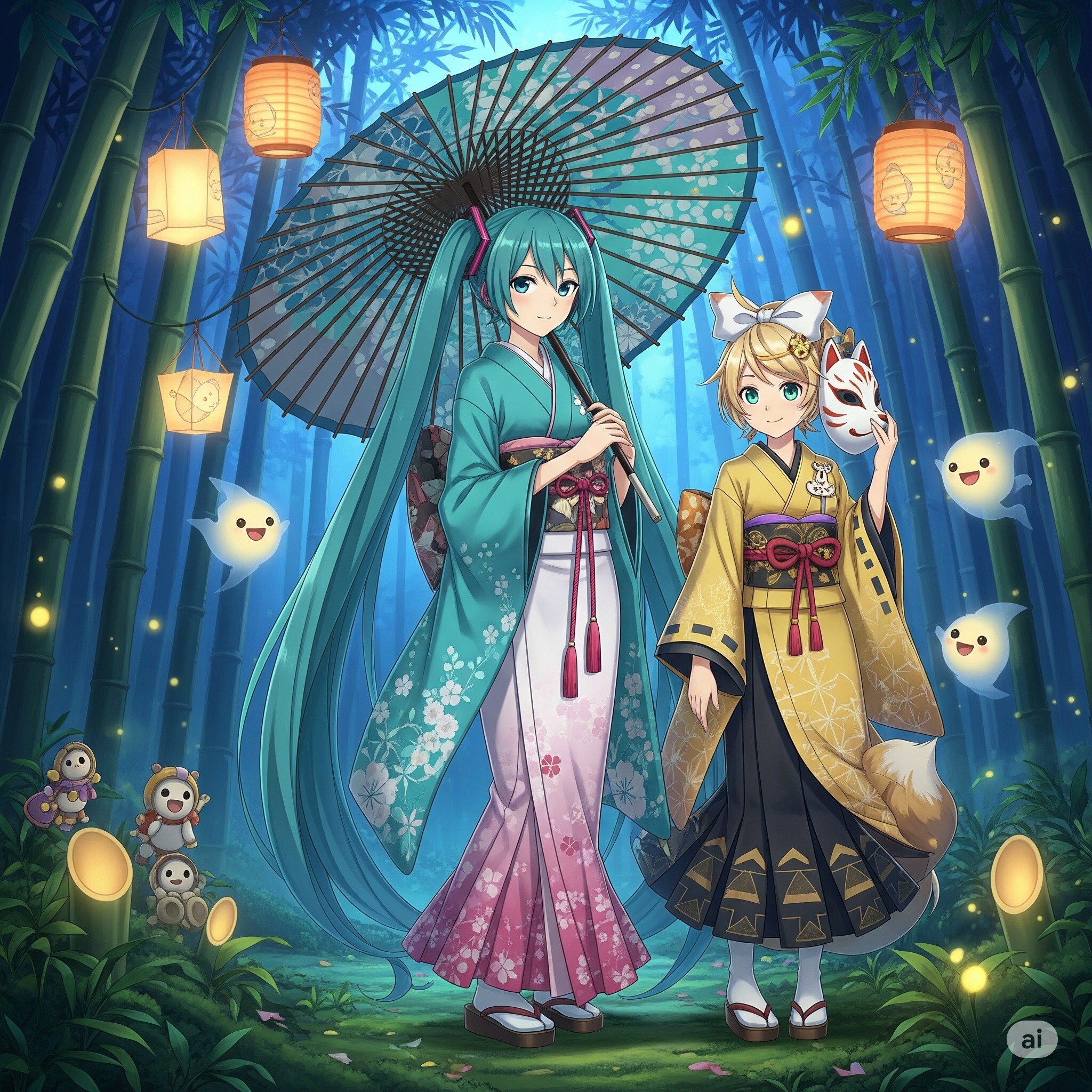 ミクさんリンさん と あやかしの森の夕べ | の人気AIイラスト・グラビア