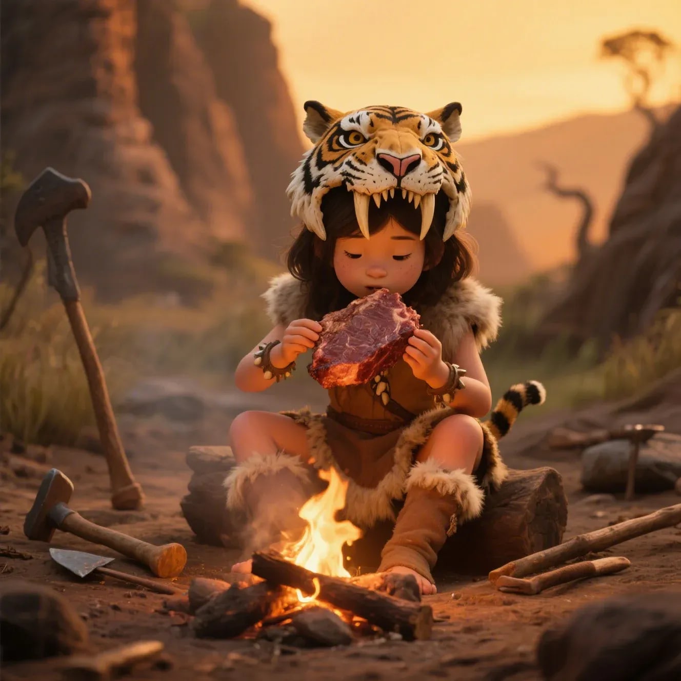 お肉を焼く石器時代の女の子