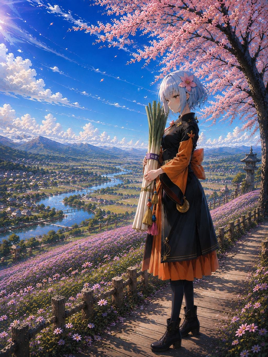 桜の木の下で黄昏る少女ブラッシュアップ