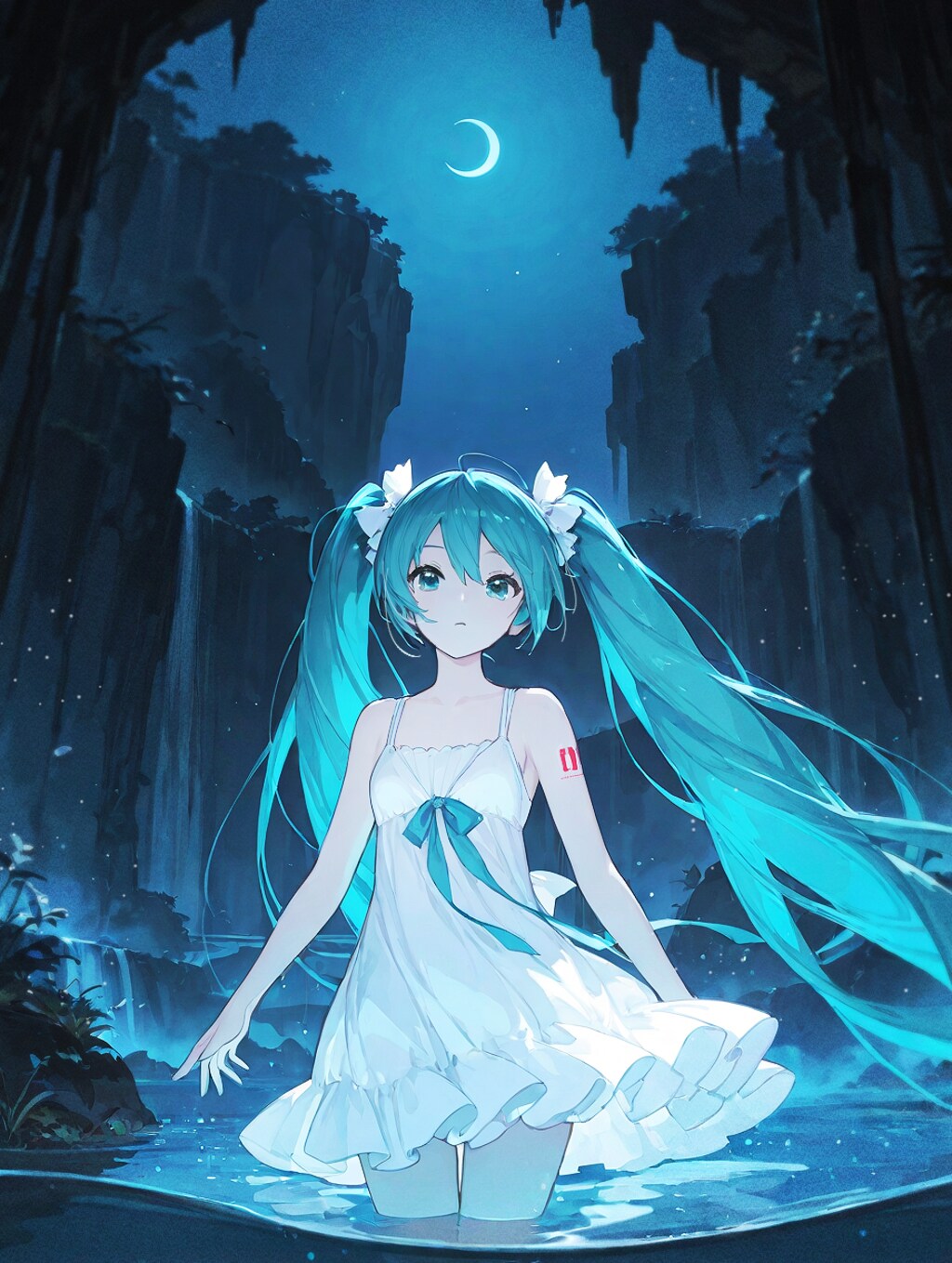 Crescent moon and waterfall