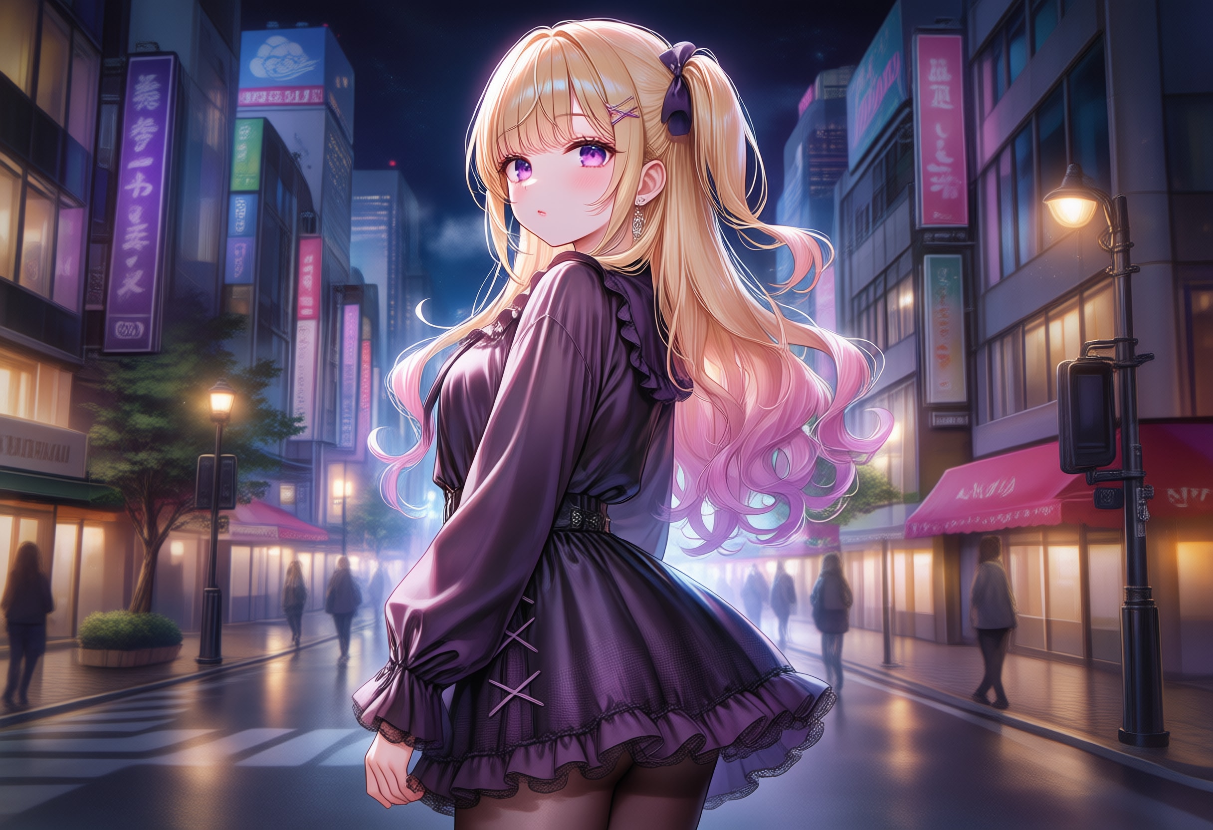 ネオン街に舞うフリルスカート