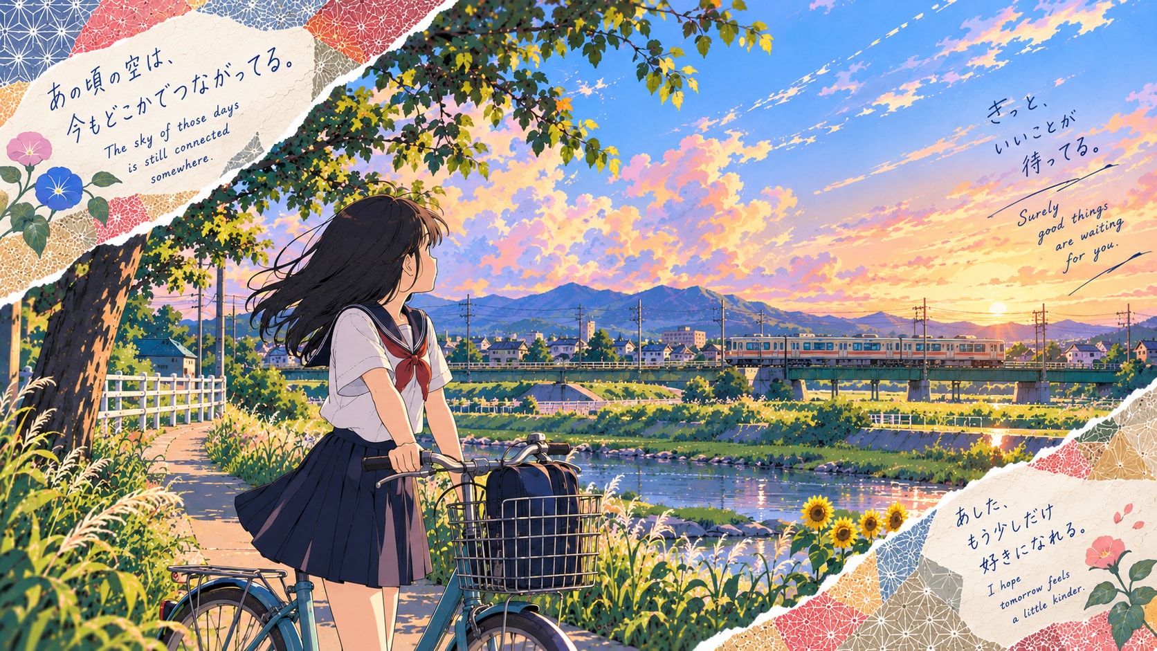 Nostalgic Sky at Sunset  A schoolgirl in a sailor uniform, accompanied by her bicycle and school bag | の人気AIイラスト・グラビア