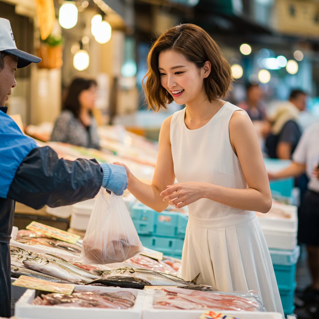 魚を買う女性