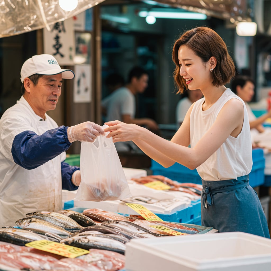 魚を買う女性