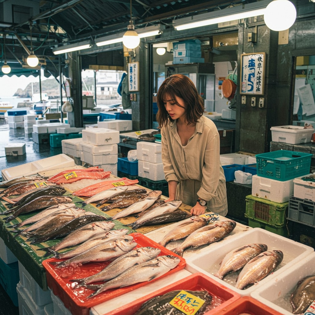 魚を買う女性