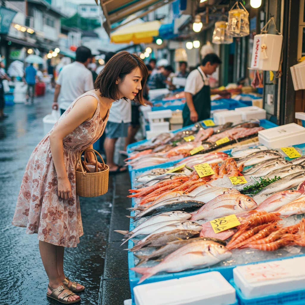 魚を買う女性
