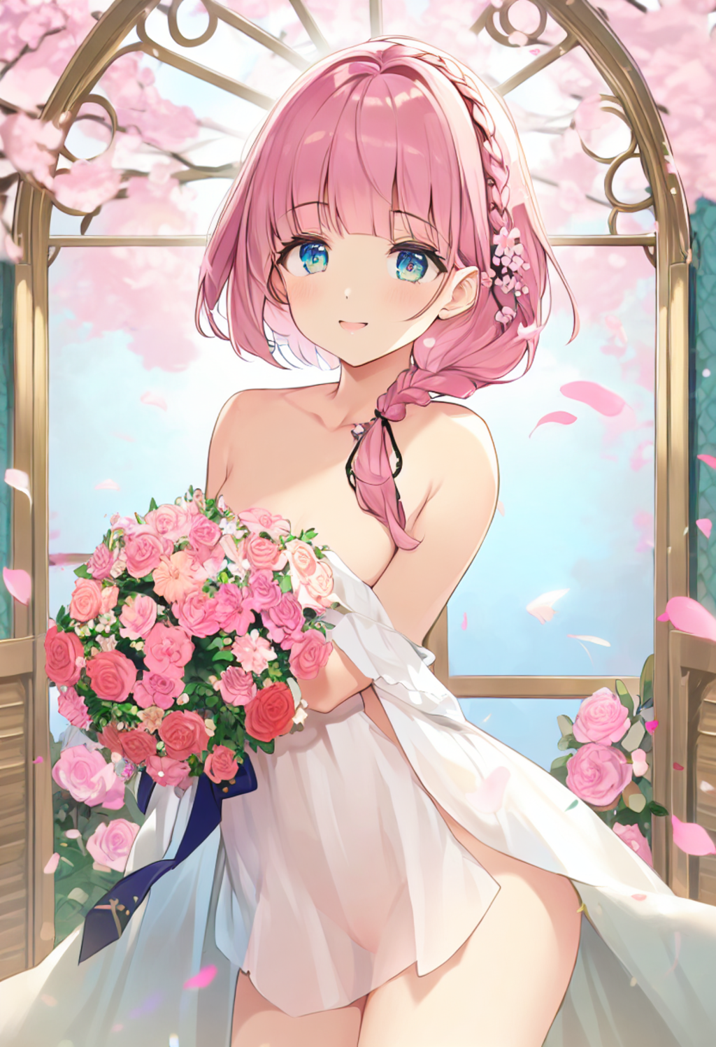 a pink flower garden and a blue sky