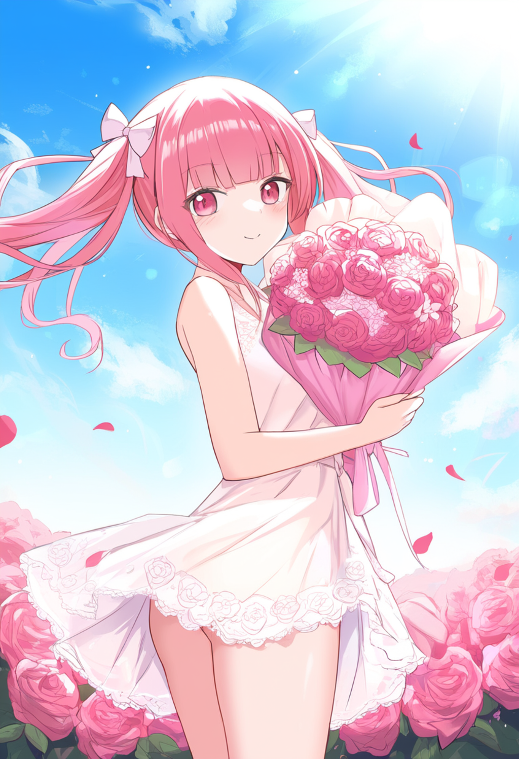 a pink flower garden and a blue sky