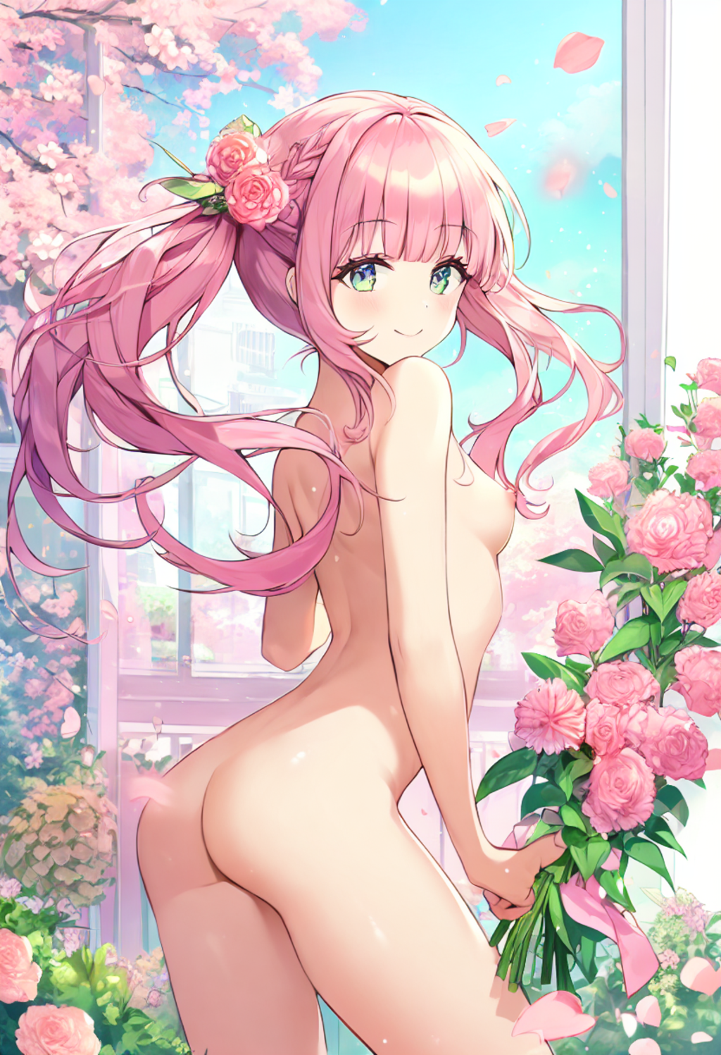 a pink flower garden and a blue sky