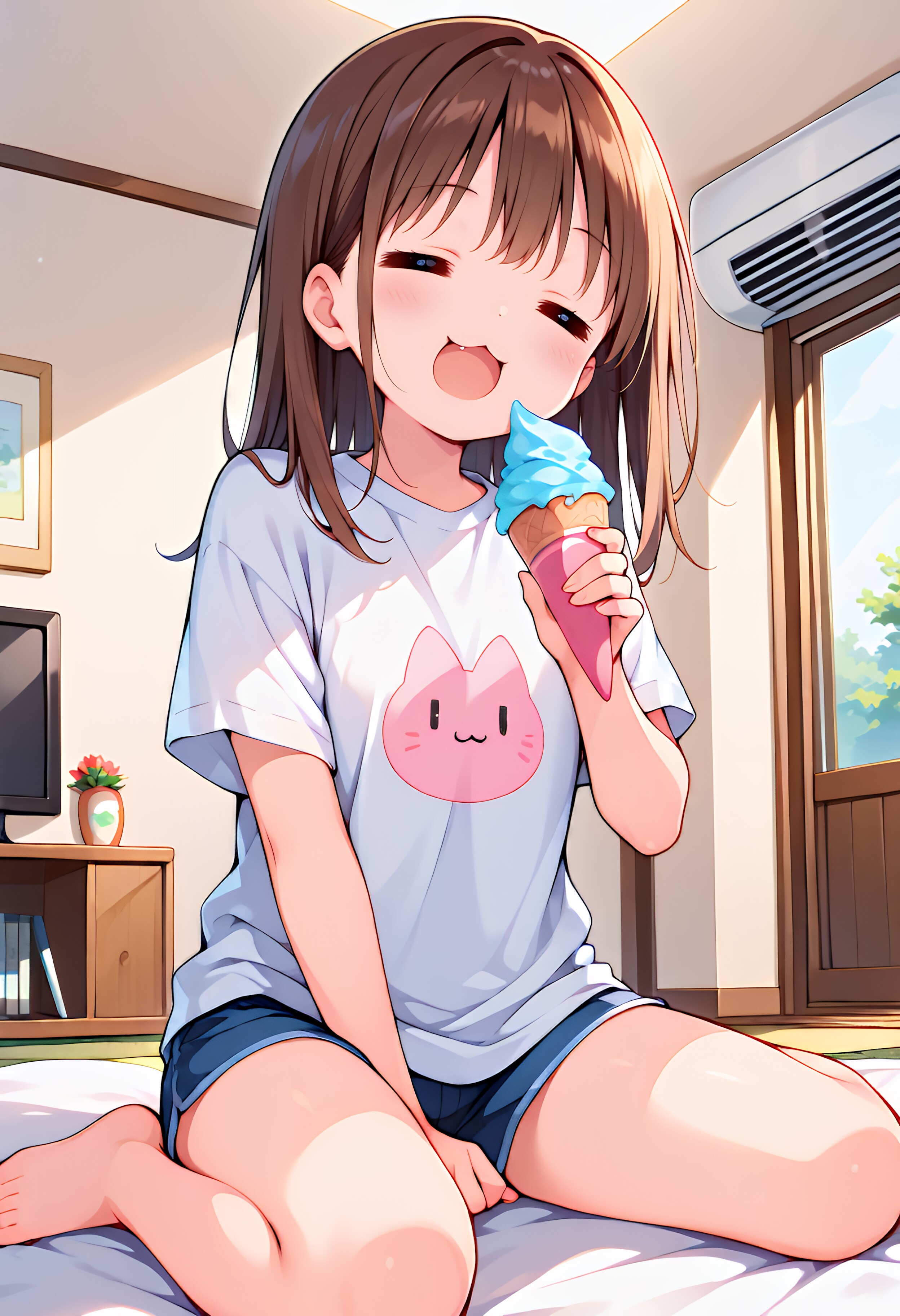 涼しい部屋でアイス