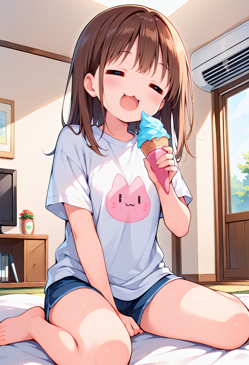 涼しい部屋でアイス