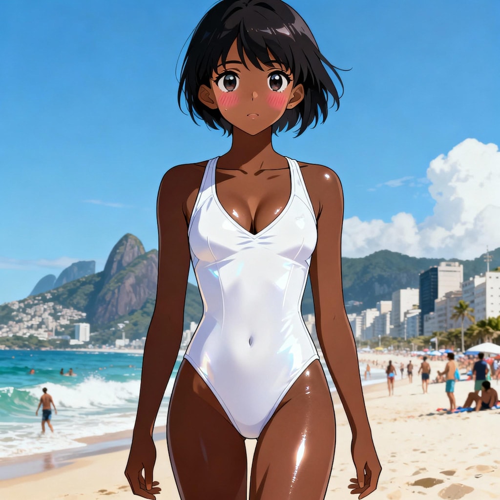 ブラジルのビーチで出会った褐色美少女♪・・（背景はコパカバーナ海岸、これからのAIは背景を細かく指定できる時代？）