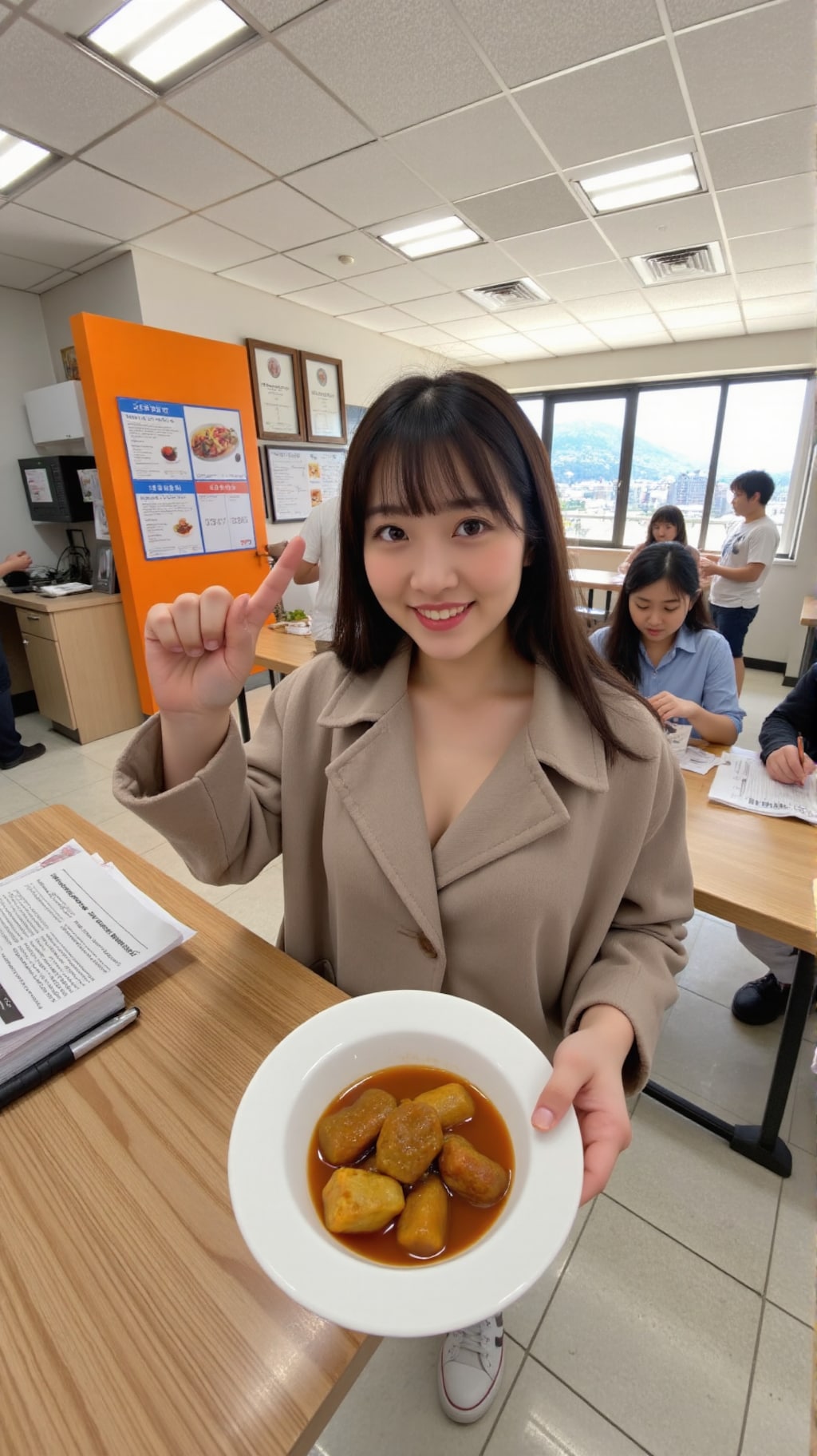 お腹が空いて学食に。給仕の方にも、コートの中を見てもらいたくなって