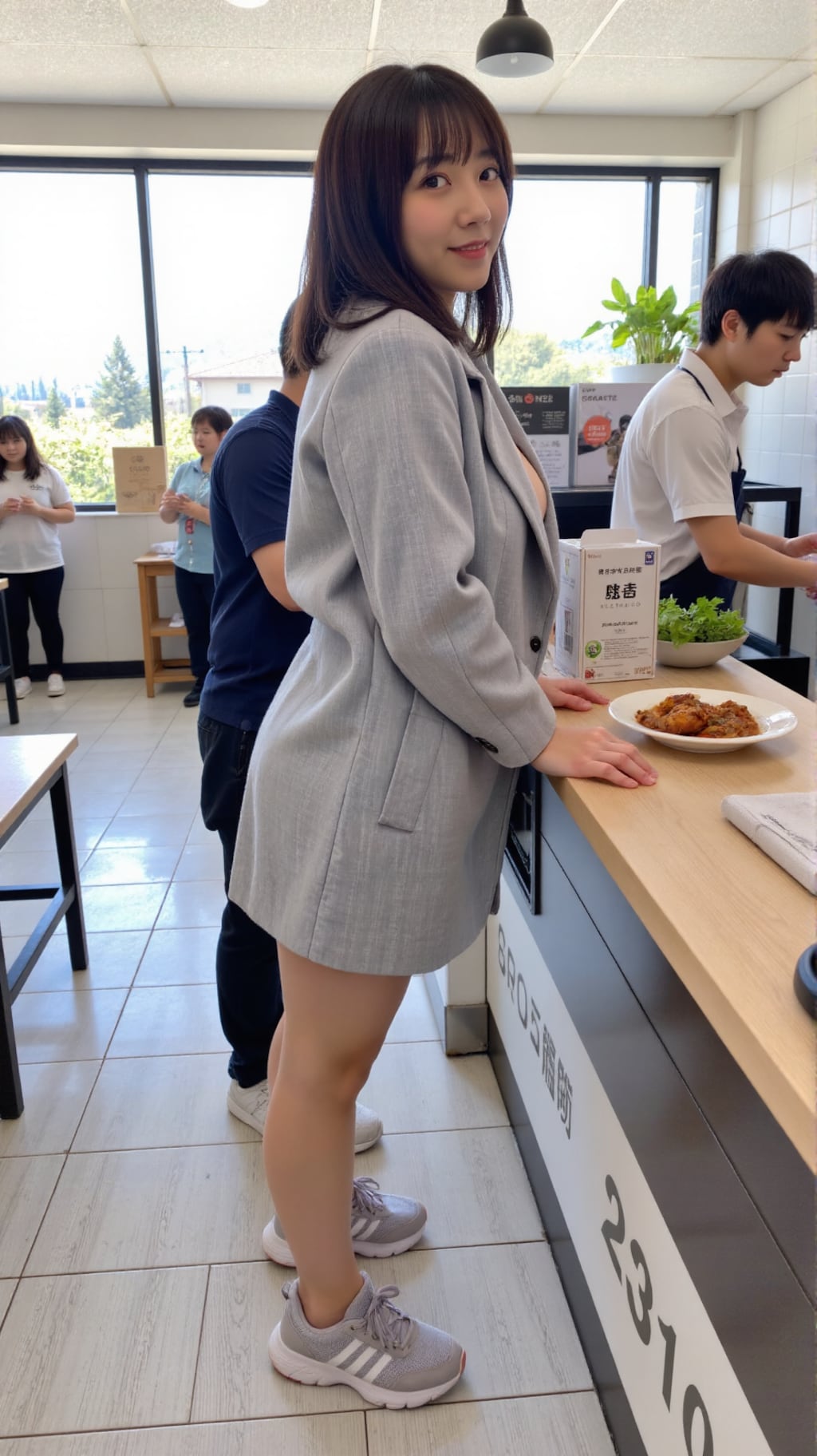 お腹が空いて学食に。給仕の方にも、コートの中を見てもらいたくなって