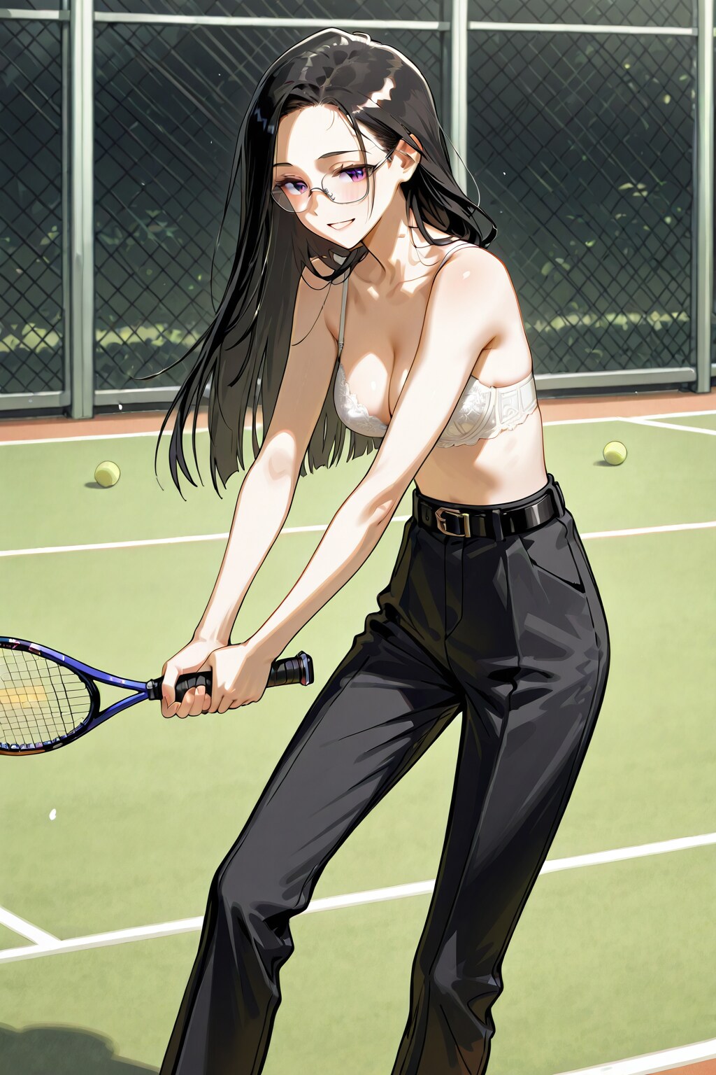 ブラ姿の美女の純白レースブラジャーテニス