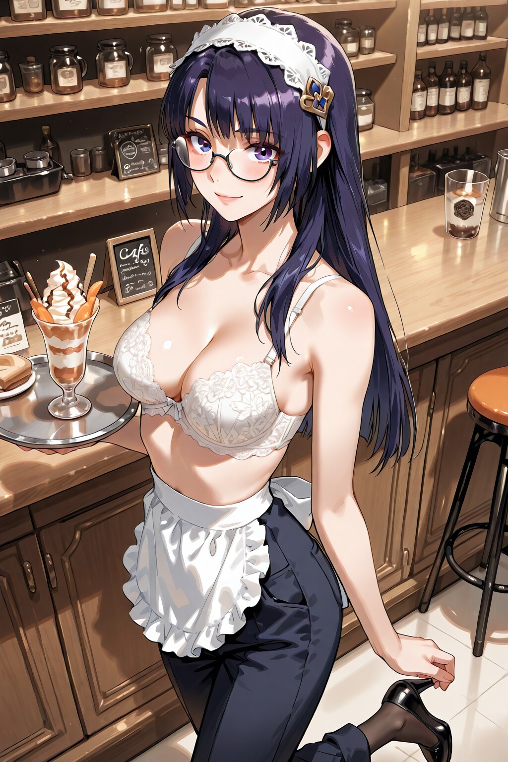 かっこかわいいウェイトレスのブラ姿の給仕