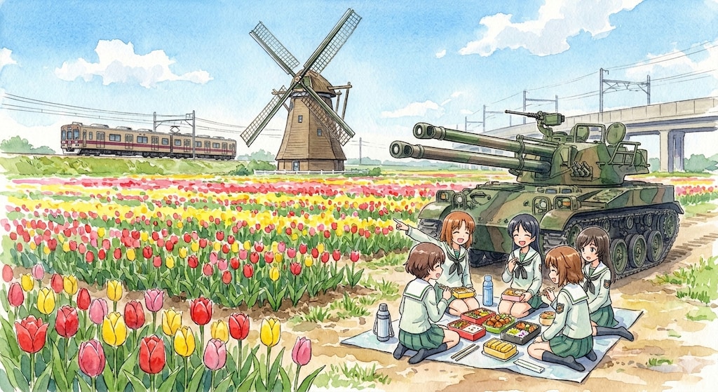 戦車のある風景（チューリップ）