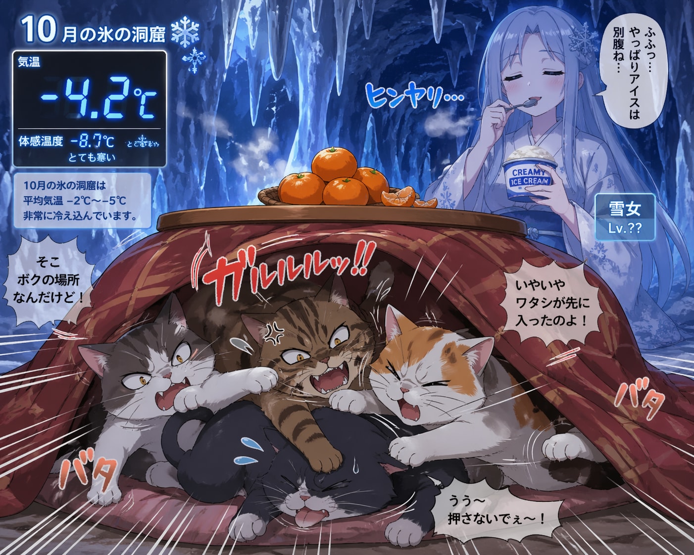 複数の猫がこたつの中に入り込んでいる, 猫同士で場所を取り合っている, 蜜柑, 2.0 | の人気AIイラスト・グラビア