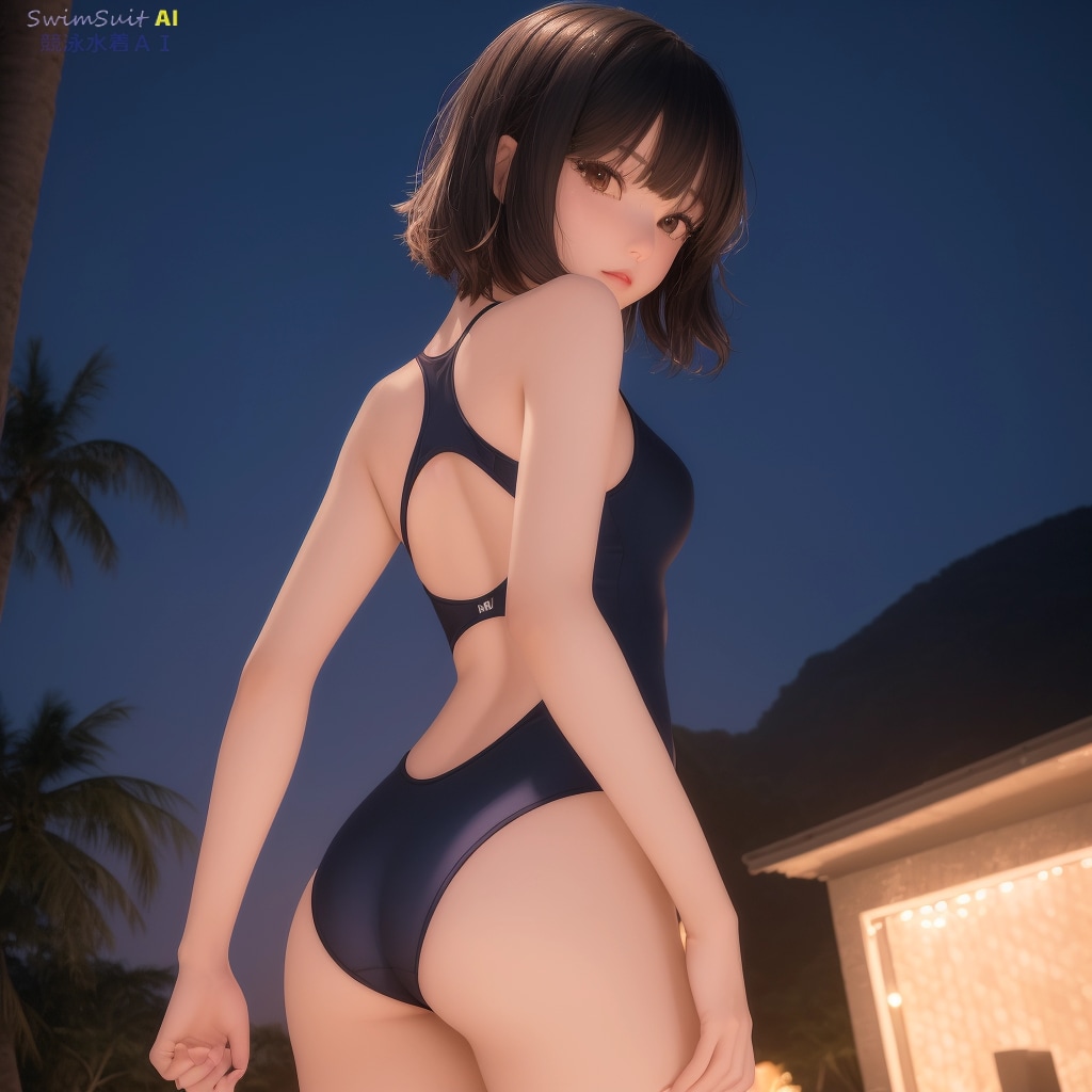 競泳水着AIザベスト「02ナイトプールと振向き彼女CG風」