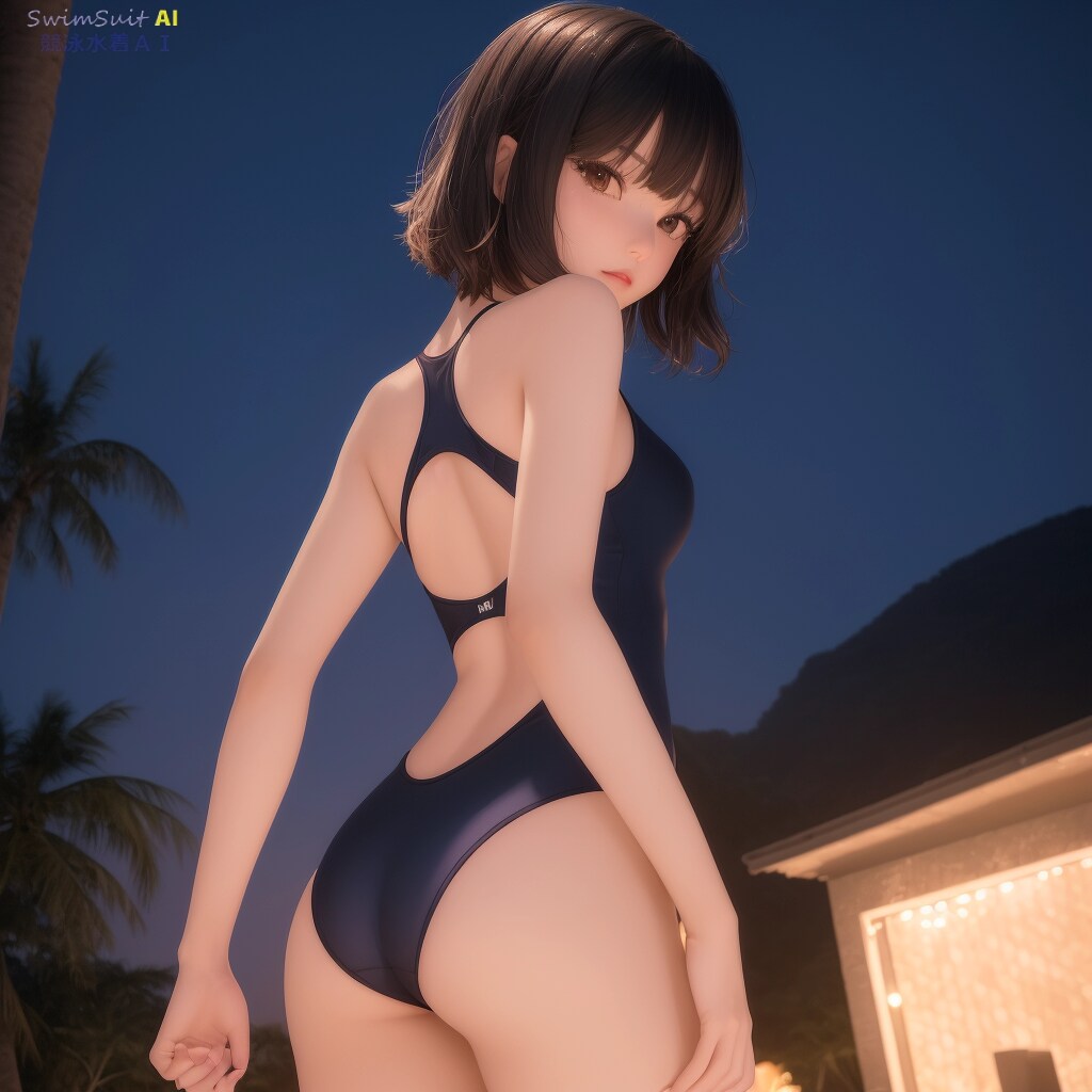 競泳水着AIザベスト「02ナイトプールと振向き彼女CG風」
