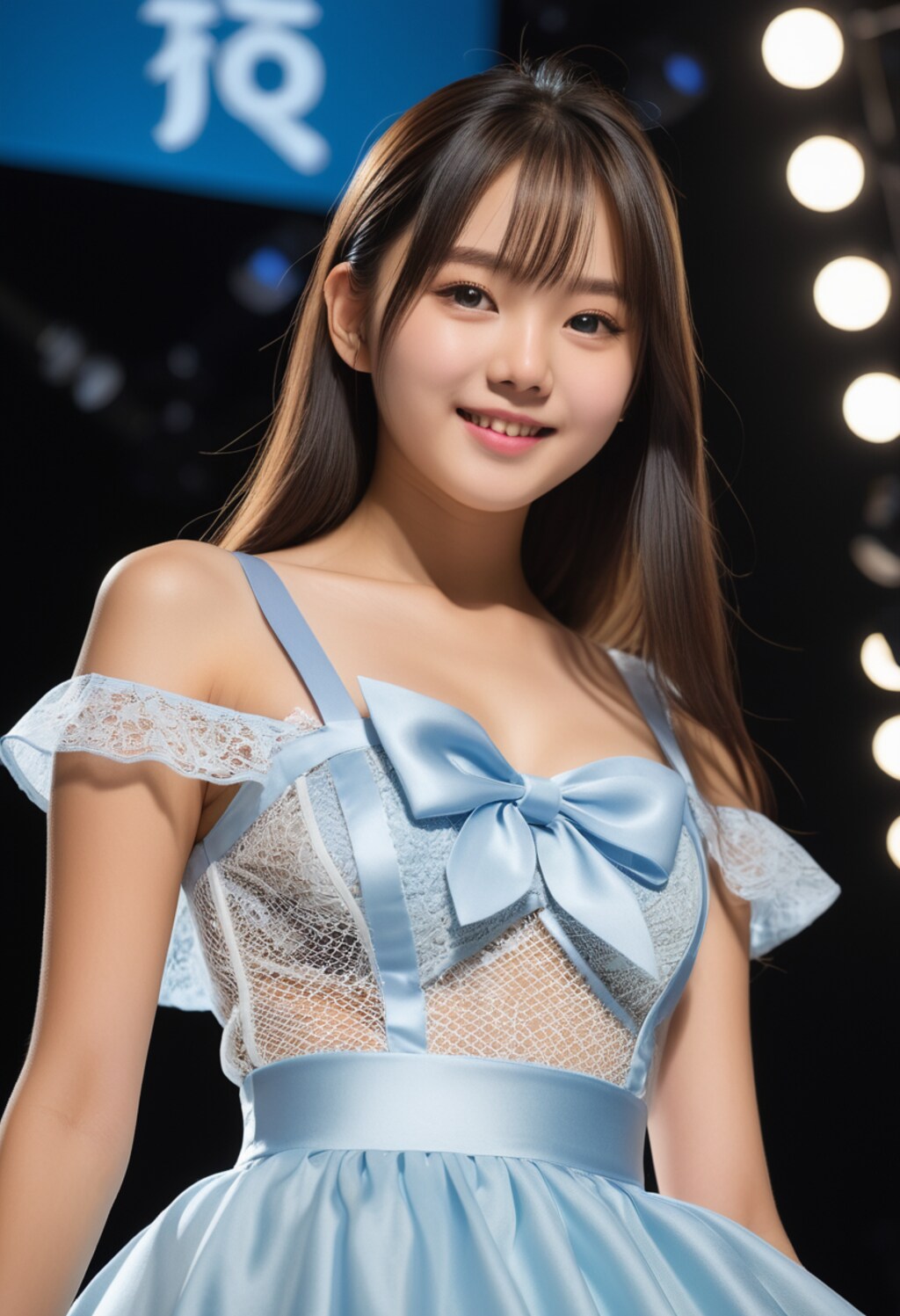 カラーブロックのドレスに網タイツとアンクルブーツ