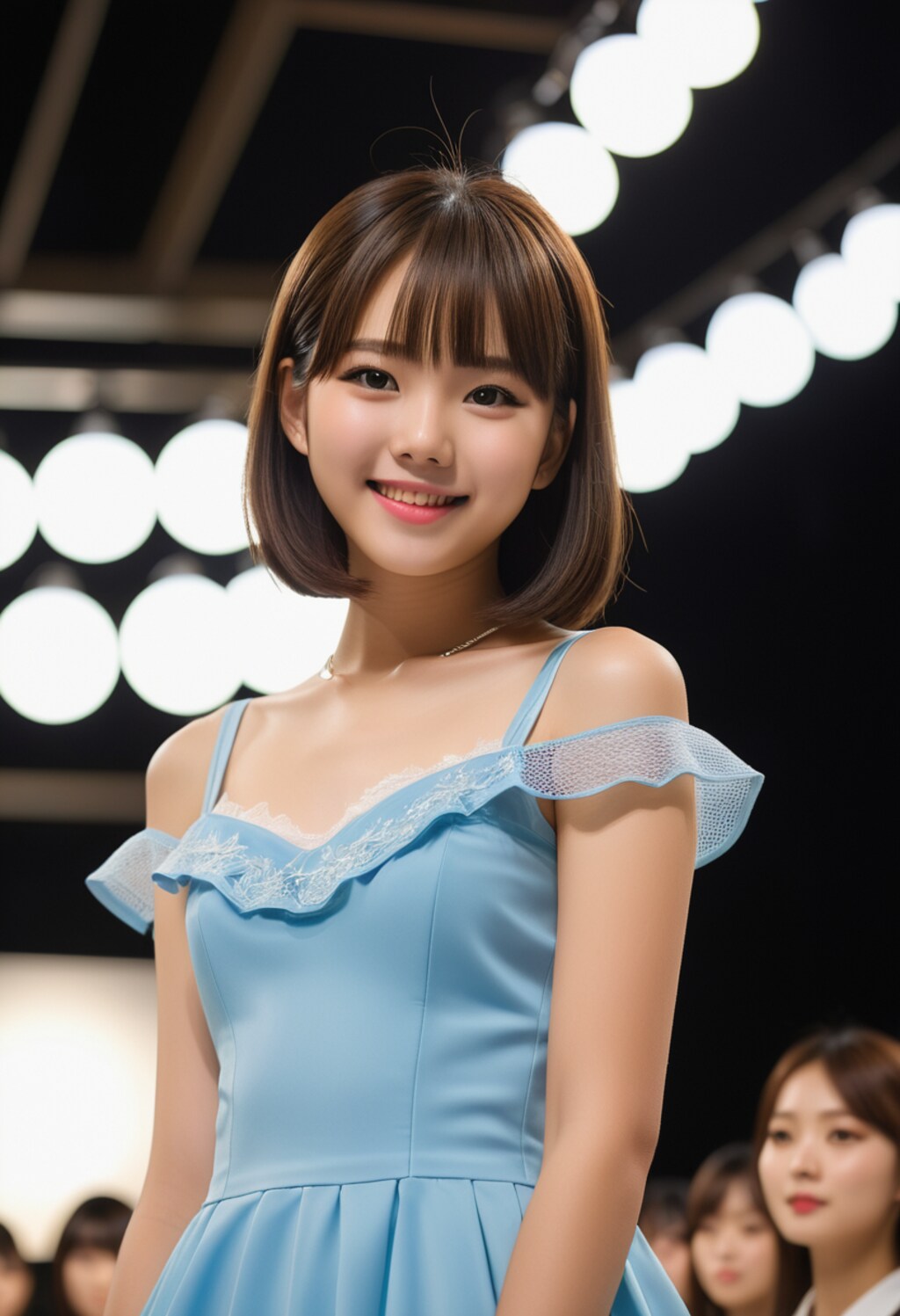 カラーブロックのドレスに網タイツとアンクルブーツ